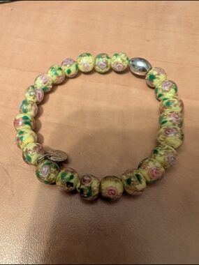 Yellow Floral Glass Bead Stretch Bracelet with Pink Rose Accents